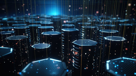 3d rendering of data center server room with binary code on itの素材