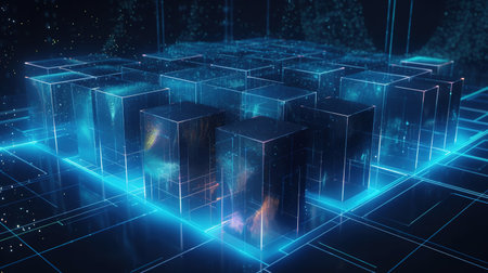 3d rendering of abstract technology background. High tech glowing cubes.の素材