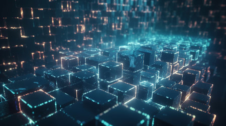 Futuristic technology background with glowing cubes and lines. 3d renderingの素材