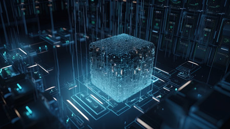 3D rendering of a cube with binary code against the background of a server roomの素材