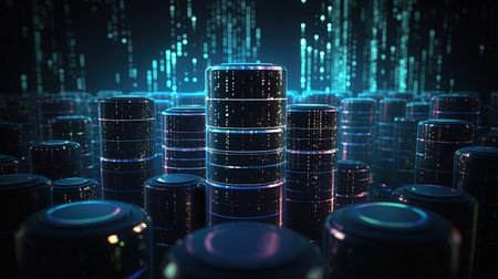 3d rendering of server room data center on dark background with binary codeの素材