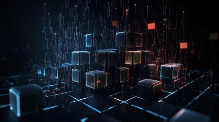 3D rendering of abstract digital city with glowing cubes on dark backgroundの素材