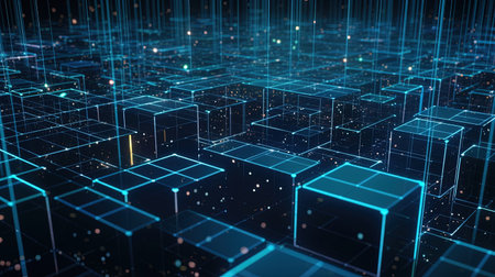 Abstract blue cube grid background. Technology and communication concept. 3D Renderingの素材