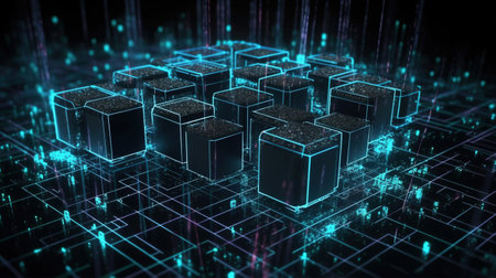 3D rendering of abstract technological background with cubes and binary code. High tech conceptの素材