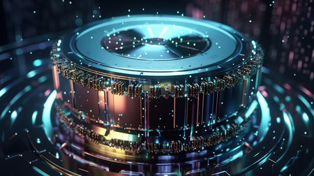 3D illustration of gear wheel with binary code on the background.の素材
