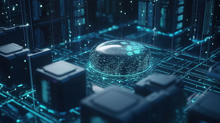 3D rendering of futuristic server room with circuit board and binary codeの素材