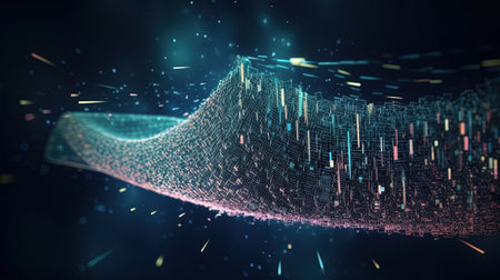 3D rendering of abstract digital landscape with glowing particles. Futuristic background.の素材