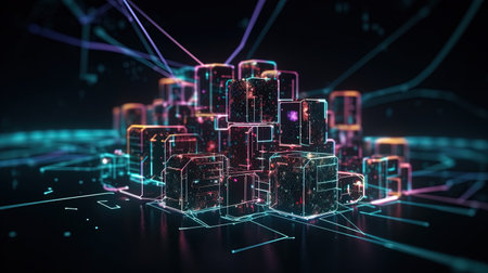 Abstract 3d rendering of digital city with glowing cubes. Technology concept.の素材