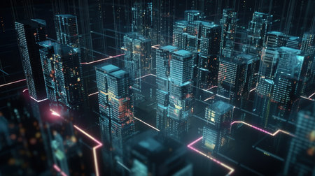 3D rendering of futuristic cityscape with neon lights. Technology conceptの素材