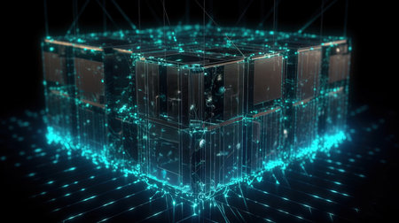 Abstract 3d rendering of futuristic server room with glowing lines and particles.の素材
