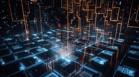 Abstract technology background with glowing lines and squares. 3D Renderingの素材