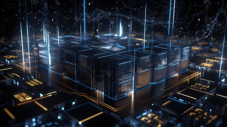 3D rendering of abstract technological background with lines and glowing lights.の素材