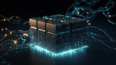 3D rendering of a cube with binary code and circuit lines on a dark backgroundの素材