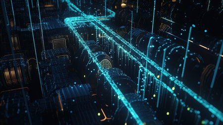 3D rendering of abstract technology concept. Futuristic city on the horizon.の素材