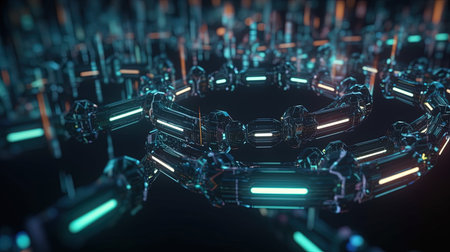 3D rendering of abstract digital technology concept. Futuristic background with neon lightsの素材
