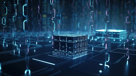 3D rendering of a futuristic server room with binary code on the backgroundの素材