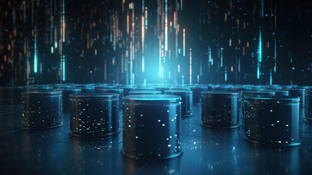 3D rendering barrels of oil on a dark background with binary codeの素材