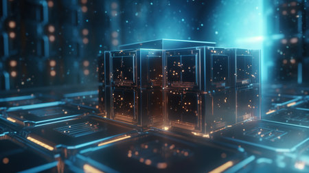 3D rendering of a futuristic server room with glowing lights in the backgroundの素材