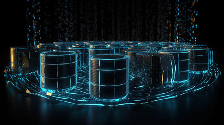 3d rendering of data center on a dark background with binary codeの素材