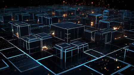 3D rendering of a futuristic city with black cubes on a dark backgroundの素材
