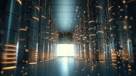 Futuristic corridor with glowing lights. 3D Rendering.の素材