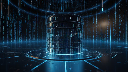 Data center with binary code on dark background, 3d rendering. Computer digital drawing.の素材