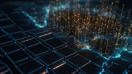 3D rendering of abstract digital technology background with hexagons and linesの素材