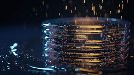 3d illustration of golden coins falling into water on dark background.の素材