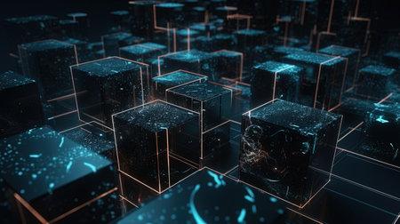 Abstract 3d rendering of black cubes with glowing particles. Futuristic background.の素材