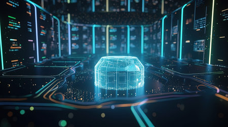 3D rendering of a futuristic HUD interface on a cyberspace backgroundの素材