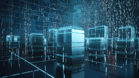 3d render of server room with binary code and binary code.の素材