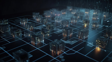 3D rendering of a city in the form of a hologramの素材