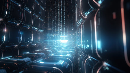 Futuristic technology tunnel with glowing lines and blue lights 3D renderingの素材