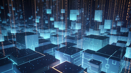 Abstract 3D rendering of futuristic city with glowing cubes. Big data concept.の素材