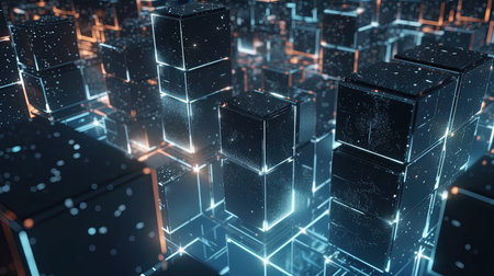 3D rendering of abstract digital city with glowing cubes. Technology concept.の素材