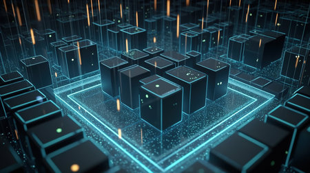 3D rendering of a futuristic server room with a lot of cubesの素材