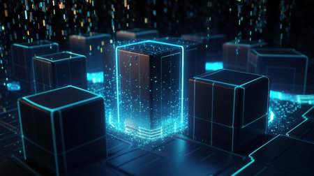3d rendering of abstract technology background with glowing cubes in cyberspaceの素材