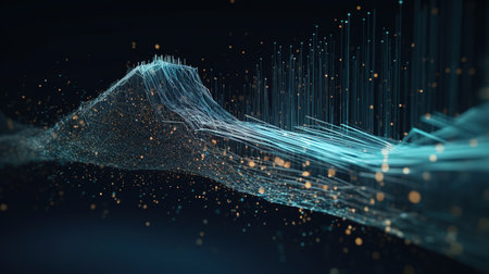 3d rendering of abstract digital landscape with connecting dots and lines. Network connection structure.の素材