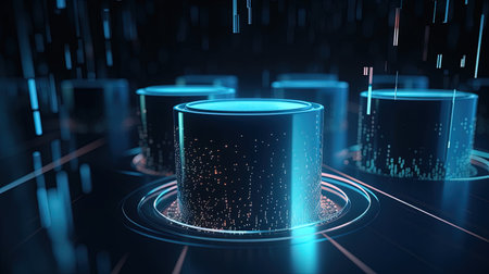 3D rendering of a group of cylinders on a background of binary codeの素材