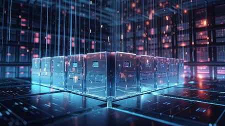 3D rendering of server room data center with binary code hologramの素材