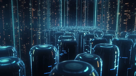 Futuristic cyberspace with glowing wireframe. 3D renderingの素材