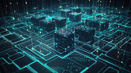 3D rendering of a circuit board with a lot of cubes in itの素材