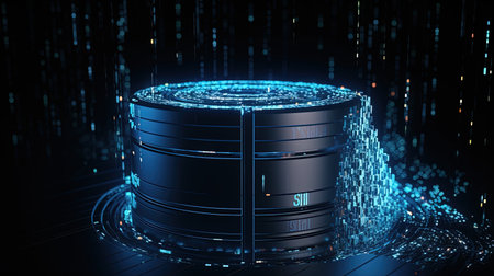 3d rendering of server data center with binary code on blue backgroundの素材