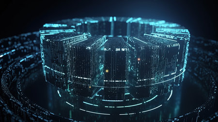 3D rendering of data center in cyberspace with binary codeの素材