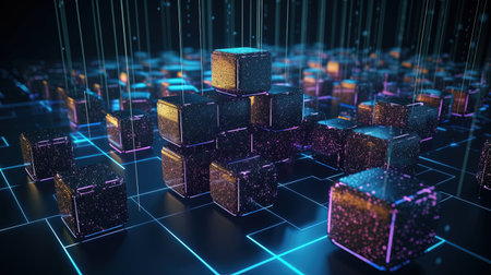 Abstract 3d rendering of cubes with glowing lines and dots. Technology background.の素材