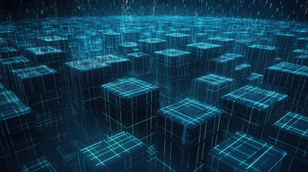 3d rendering of abstract background with blue cubes and binary code.の素材