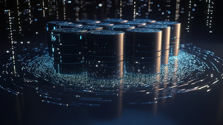 3D rendering of a data center with binary code in the backgroundの素材