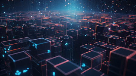 Abstract 3d rendering of cubes with neon lights. Technology background.の素材