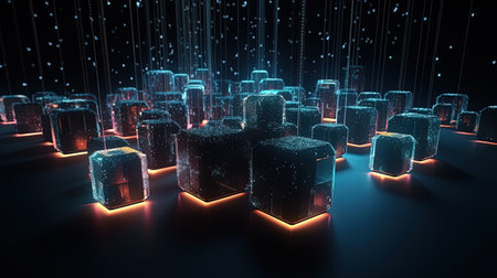 Abstract 3d rendering of cubes with glowing lights. Futuristic background.の素材