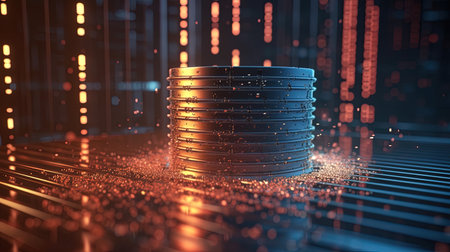 3d rendering stack of coins with binary code background, cryptocurrency conceptの素材